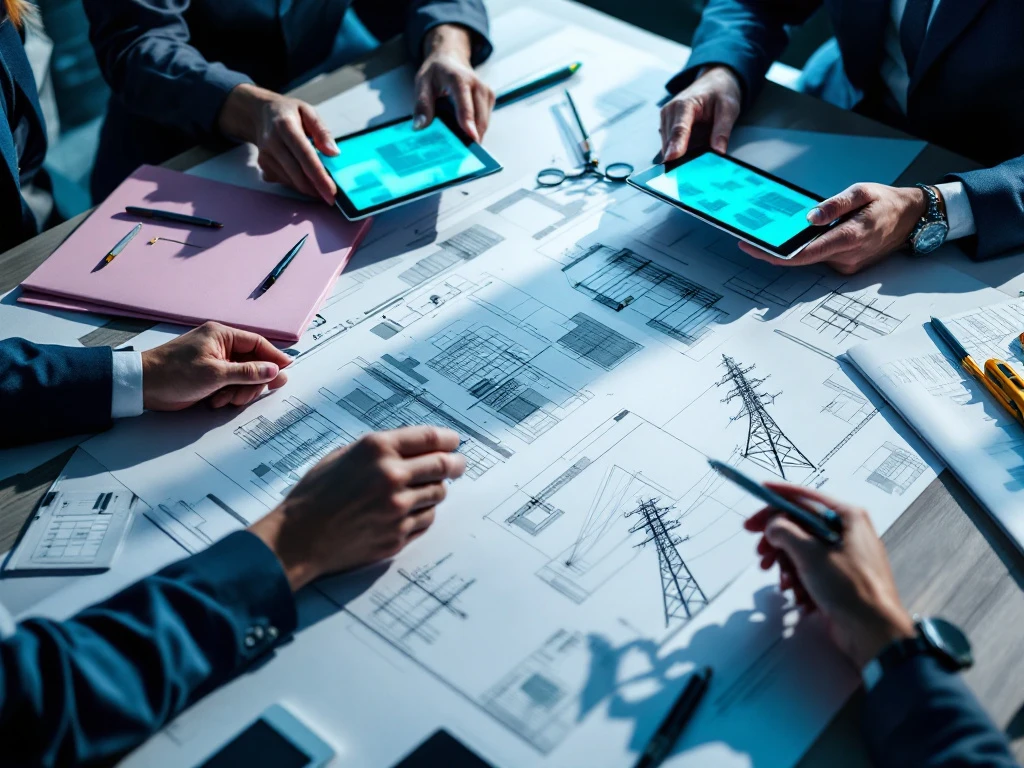 Diverse professionele handen werken samen aan architecturale blauwdrukken en technische tekeningen op moderne vergadertafel