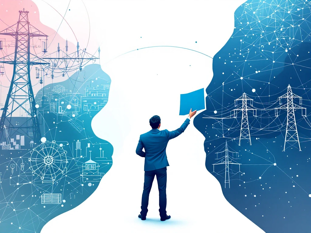 Professional die technische blauwdruk en strategisch overzicht balanceert op kruispunt van telecominfrastructuur en energienetwerk, verbonden door lijnen.