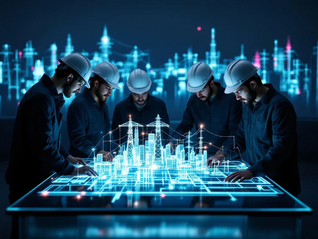 Ingenieurs in veiligheidshelmen werken samen aan een 3D-infrastructuurmodel met telecomtorens en energienetten, verbonden door witte lichtstralen in INNSO