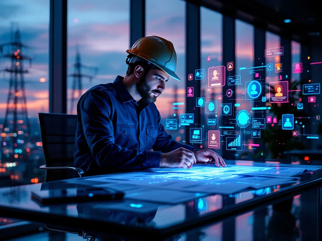 Ingenieur met veiligheidshelm bestudeert blauwdrukken op een glazen bureau, met digitale certificeringen en telecommunicatie-infrastructuur op de achtergrond.