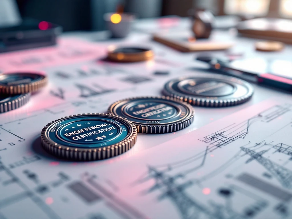 Professionele ingenieurscertificaten en badges op bureau met energieinfrastructuur blauwdrukken op achtergrond