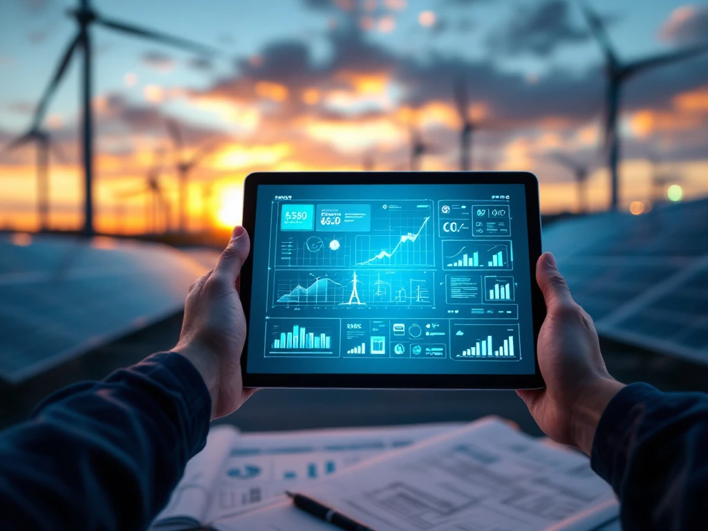 Ingenieur houdt tablet met energienetwerk schema