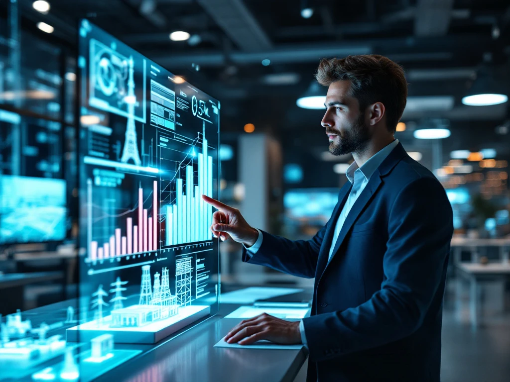 Lead engineer analyseert prestatiemetrieken op transparant scherm in moderne kantoorruimte met telecom- en energiemodellen in INNSO