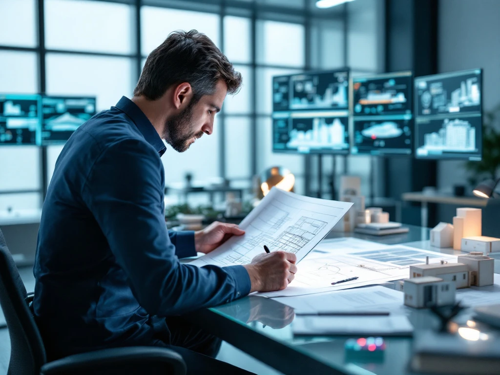 Hoofdingenieur bestudeert infrastructuurontwerpen in moderne werkruimte met INNSO-merkkleurenaccenten en technische modellen op een glazen tafel.