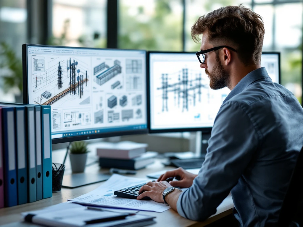 Lead engineer bestudeert telecommunicatie-infrastructuur en energienetwerkschema