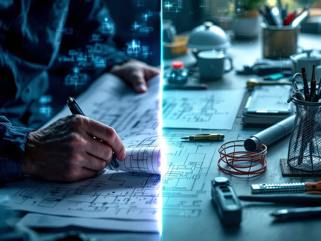 Ingenieur handen met blauwdrukken versus georganiseerde werkruimte met gereedschap, contrast tussen werkstress en productiviteit