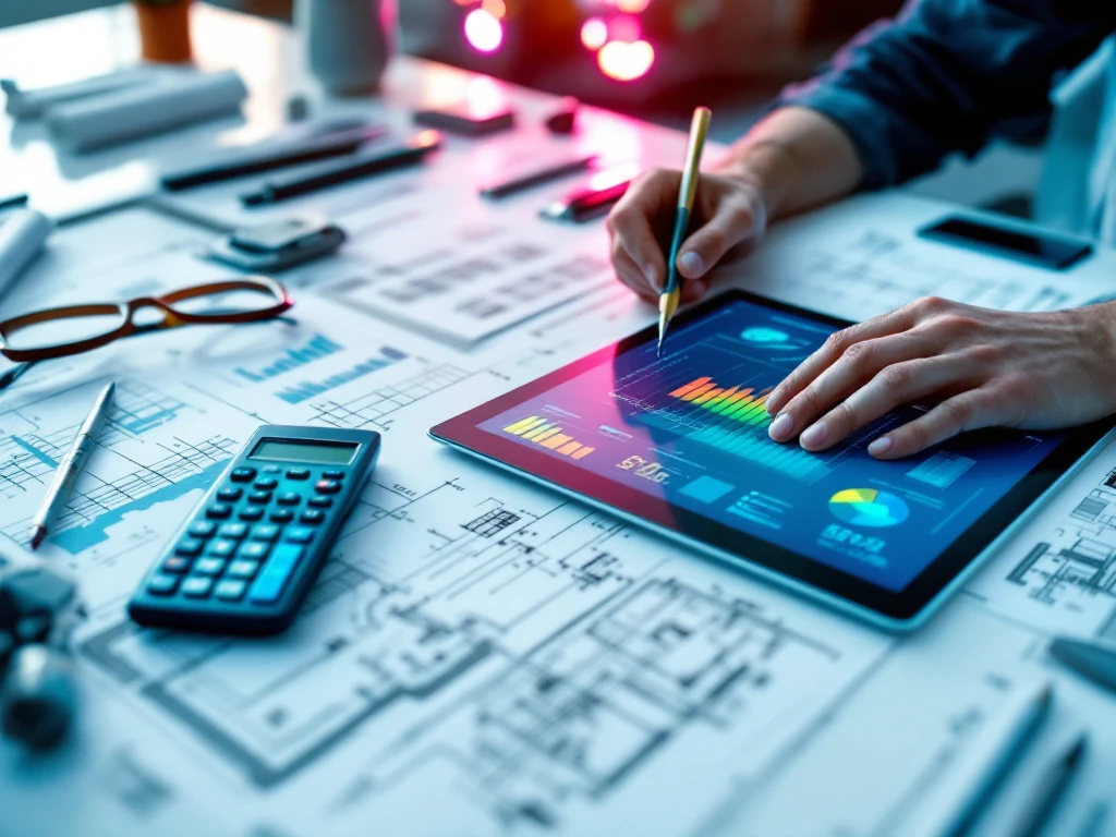 Moderne ingenieurswerkplek met energieplannen, elektrische schema
