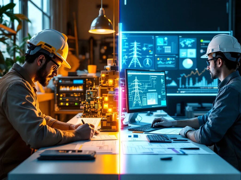 Gesplitst scherm toont twee ingenieurswerkplekken: MBO-omgeving met tools en circuits links, HBO-werkplek met blauwdrukken rechts