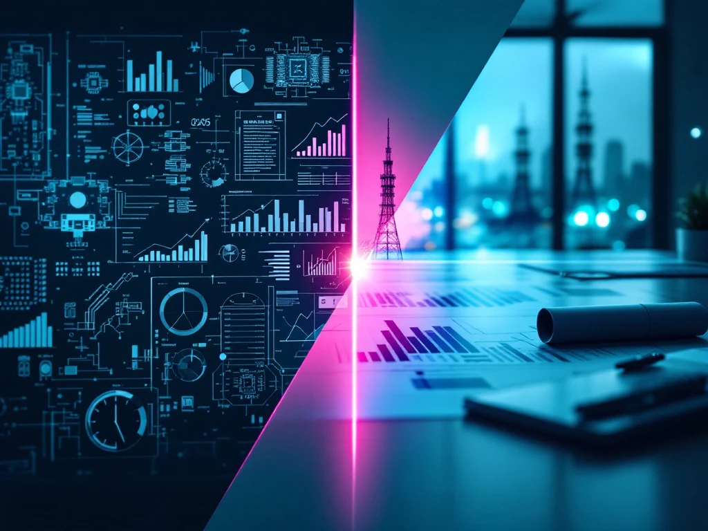 Moderne ingenieurswerkplek met technische tekeningen en zakelijke grafieken, verdeeld door dramatische verlichting