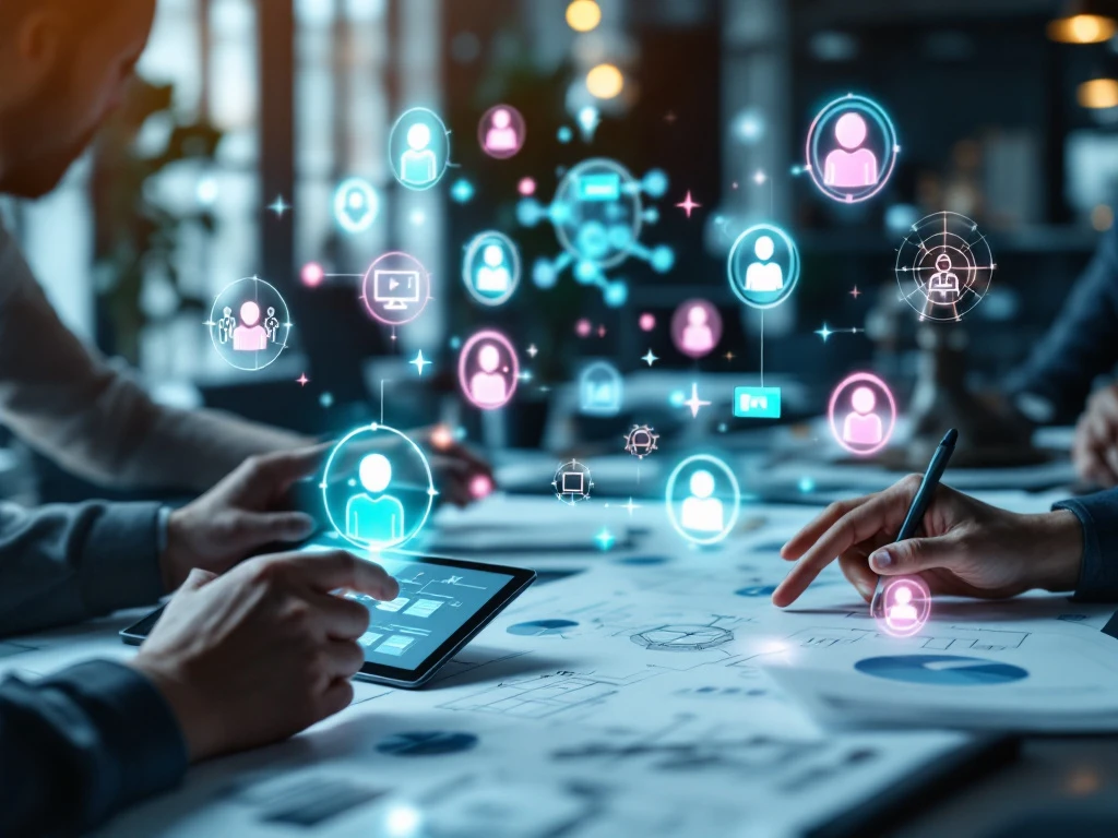 Ingenieur werkt samen over technische blauwdrukken met zwevende pictogrammen voor communicatie en teamwork vaardigheden