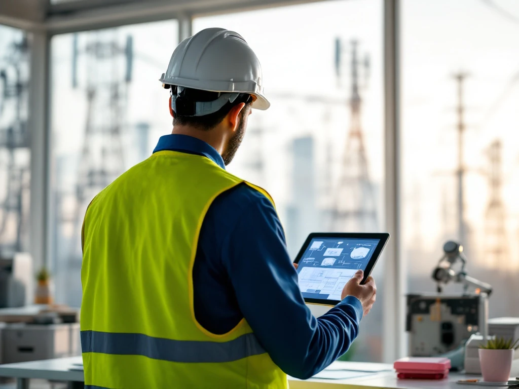 Hoofdingenieur bij infrastructuurproject bekijkt netwerktekeningen op tablet in INNSO-kleuren, met telecomtorens en energiefaciliteiten op de achtergrond.