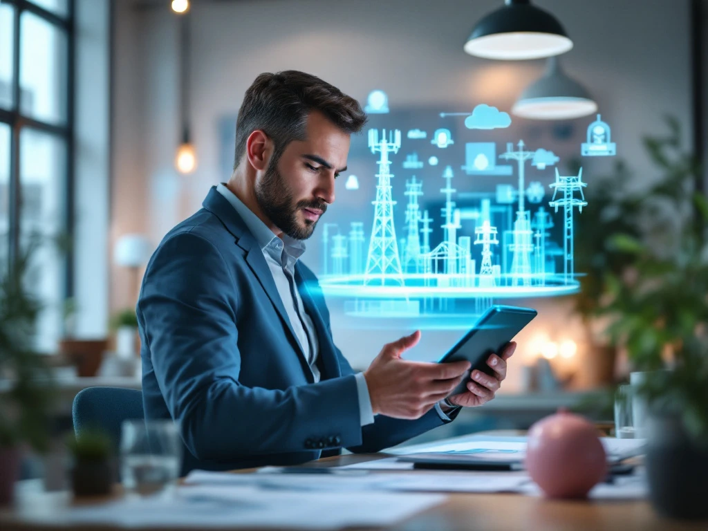 Lead engineer bestudeert infrastructuurplannen op tablet in modern INNSO-kantoor met telecom- en energieprojecten op holografisch scherm en technische blauwdrukken.