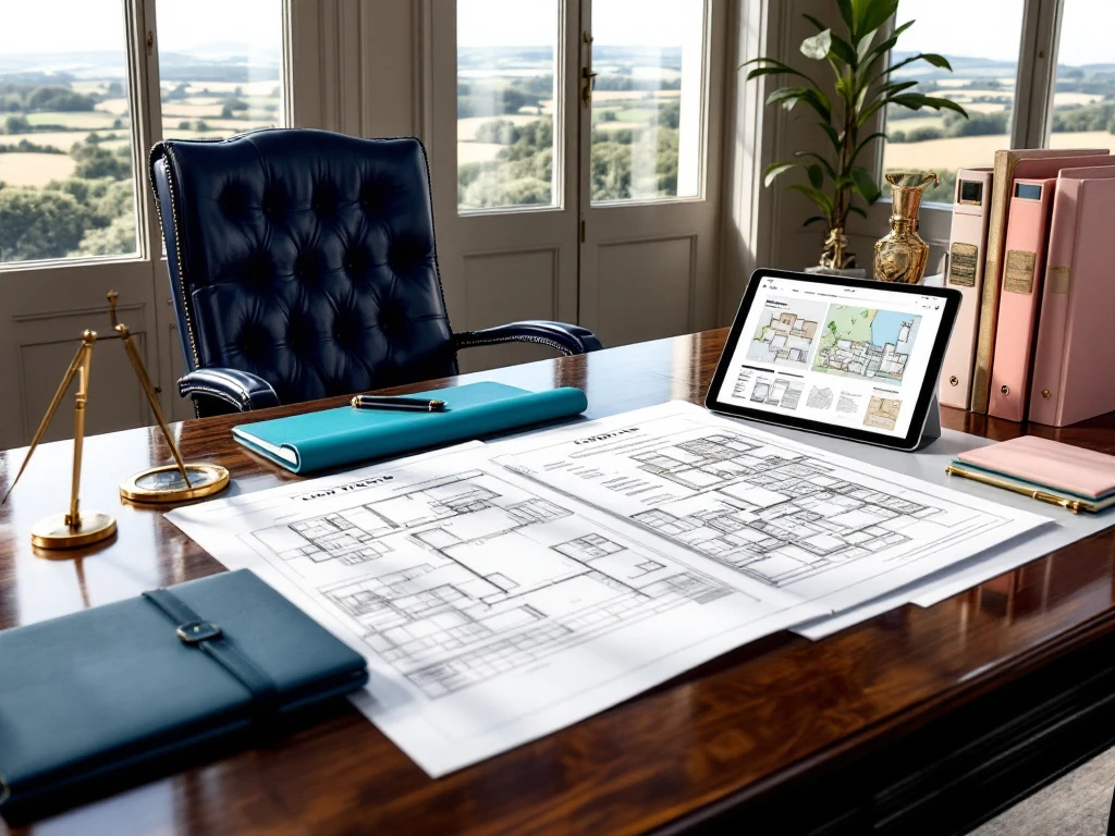 Elegant landgoedbeheer kantoor met blauwdrukken, landmeetkundige documenten en tablet op houten bureau bij raam