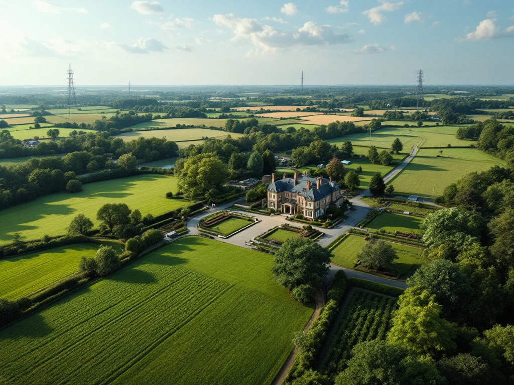 Luchtfoto van landgoed met landbouwpercelen, landhuis, telecommunicatiemasten en landmeetapparatuur voor grondbeheer