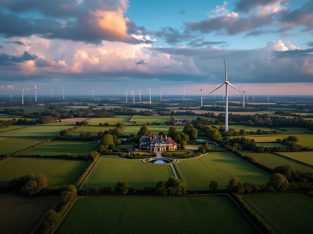 Luchtfoto van landgoed met Nederlandse boerderijen, groene velden, windmolens en herenhuis bij zonsondergang
