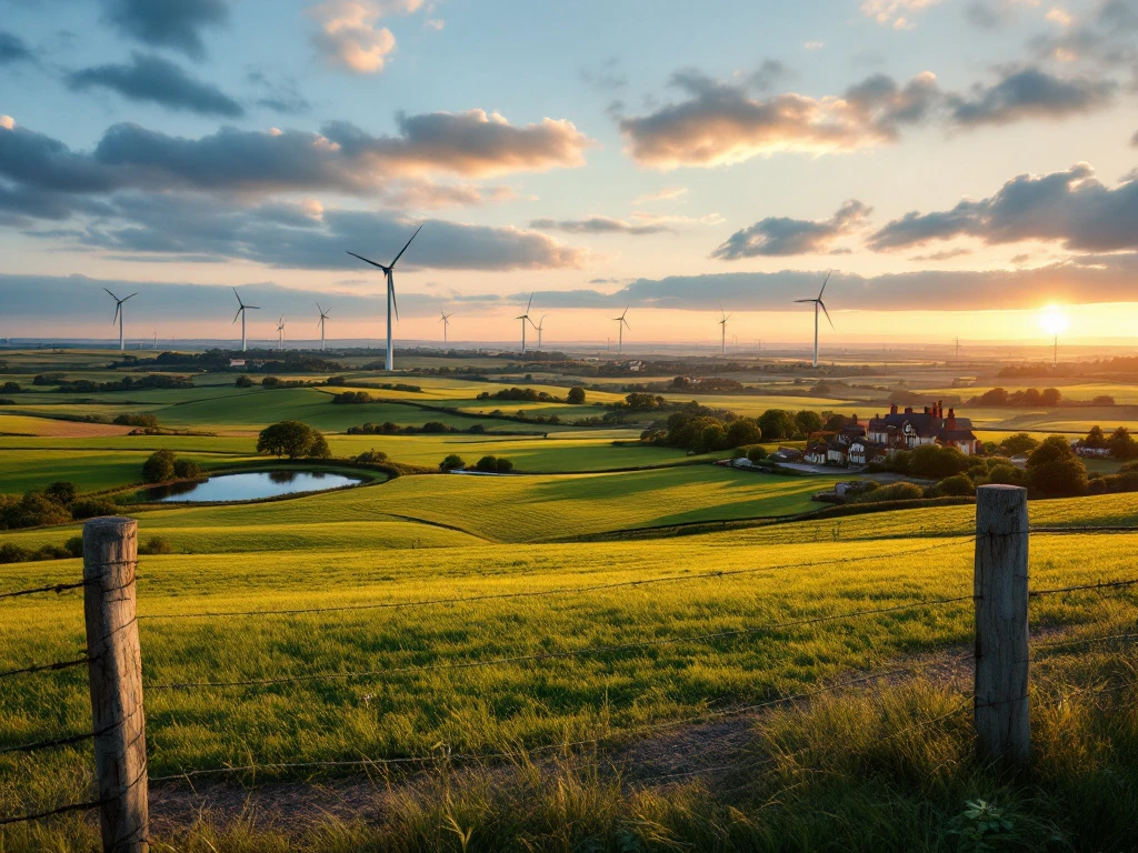 Luchtfoto van landgoed met groene velden, landhuis en windmolens, landmeter kompas en bouwplannen op voorgrond
