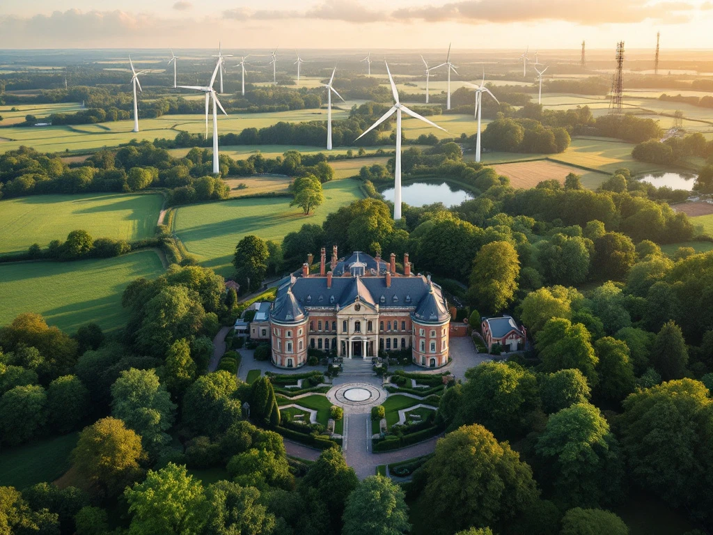 Luchtfoto van Nederlandse landgoederen met landbouwvelden, windmolens, historisch landhuis en moderne kantoorgebouwen