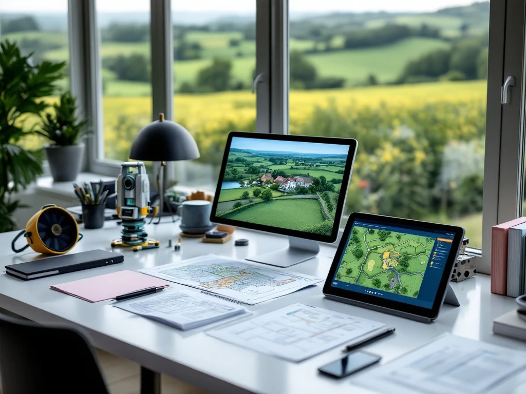 Moderne werkruimte van landgoedbeheerder met landmeetapparatuur, kaarten en tablets op bureau voor landschapsvenster