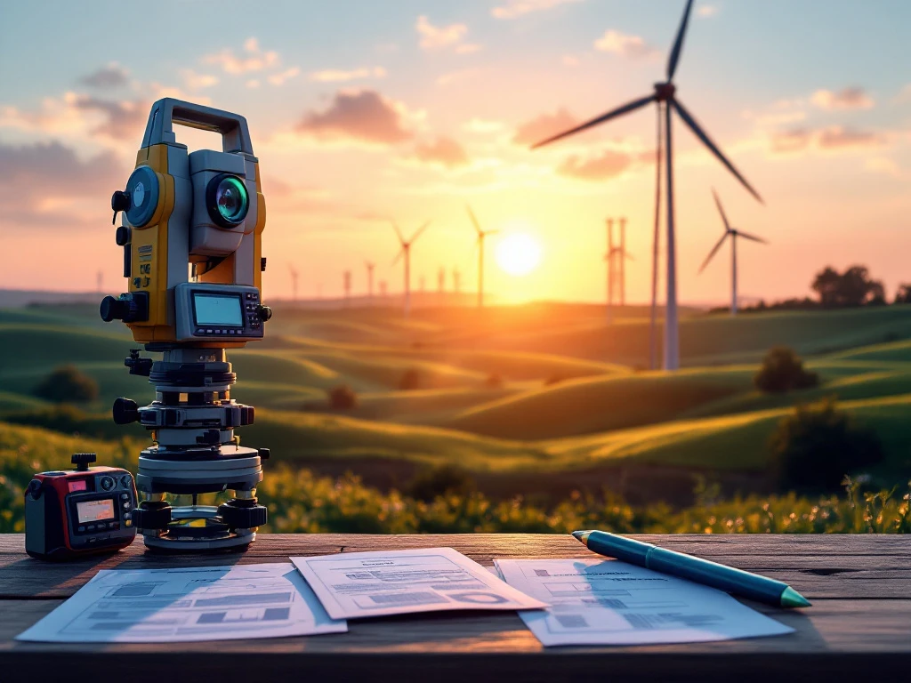 Landmeter theodoliet op groene landbouwgrond met windturbines en zendmasten, documenten op houten tafel bij zonsondergang