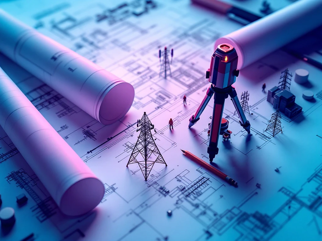 Professionele landmeter werkplek met blauwdrukken, theodoliet instrument en tablet met infrastructuur schema