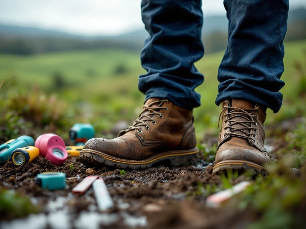Verweerde werkschoenen in modderig terrein met landmeetapparatuur, groene heuvels op achtergrond