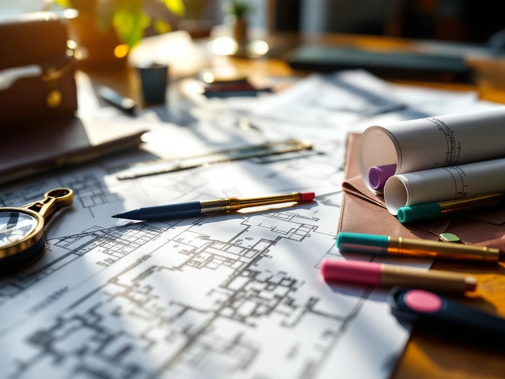 Professionele landmeetkundige documenten en blauwdrukken op houten bureau met vintage kompas en meetinstrumenten