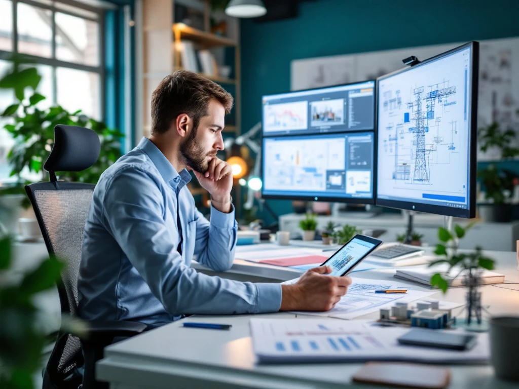 Hoofdingenieur analyseert blauwdrukken en netwerkschematics in een INNSO-kantoor met teal, marine en roze kleuraccenten, omringd door telecommunicatie-infrastructuurmodellen.