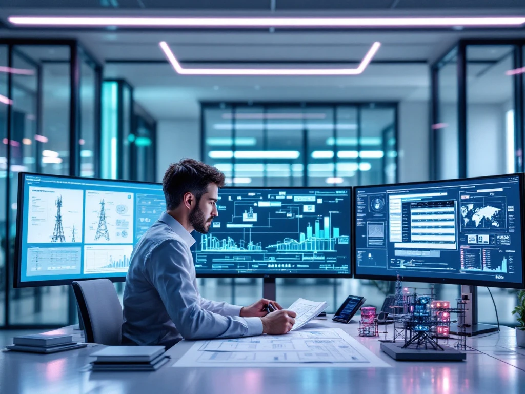 Hoofdingenieur analyseert telecominfrastructuur in modern kantoor met teal, navy en roze INNSO-merkaccenten, netwerksystemen en technische blauwdrukken