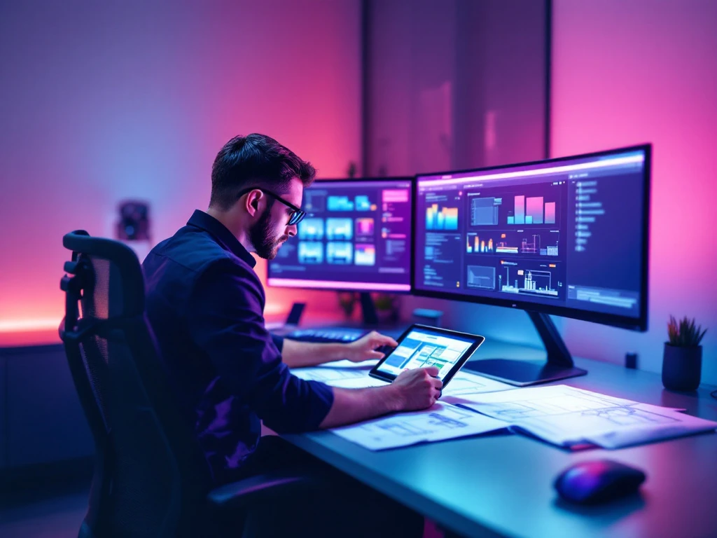 Lead engineer bij modern werkstation met technische diagrammen, infrastructuurontwerpen en telecom- en energieblauwdrukken in een stijlvolle blauw-groene werkomgeving.