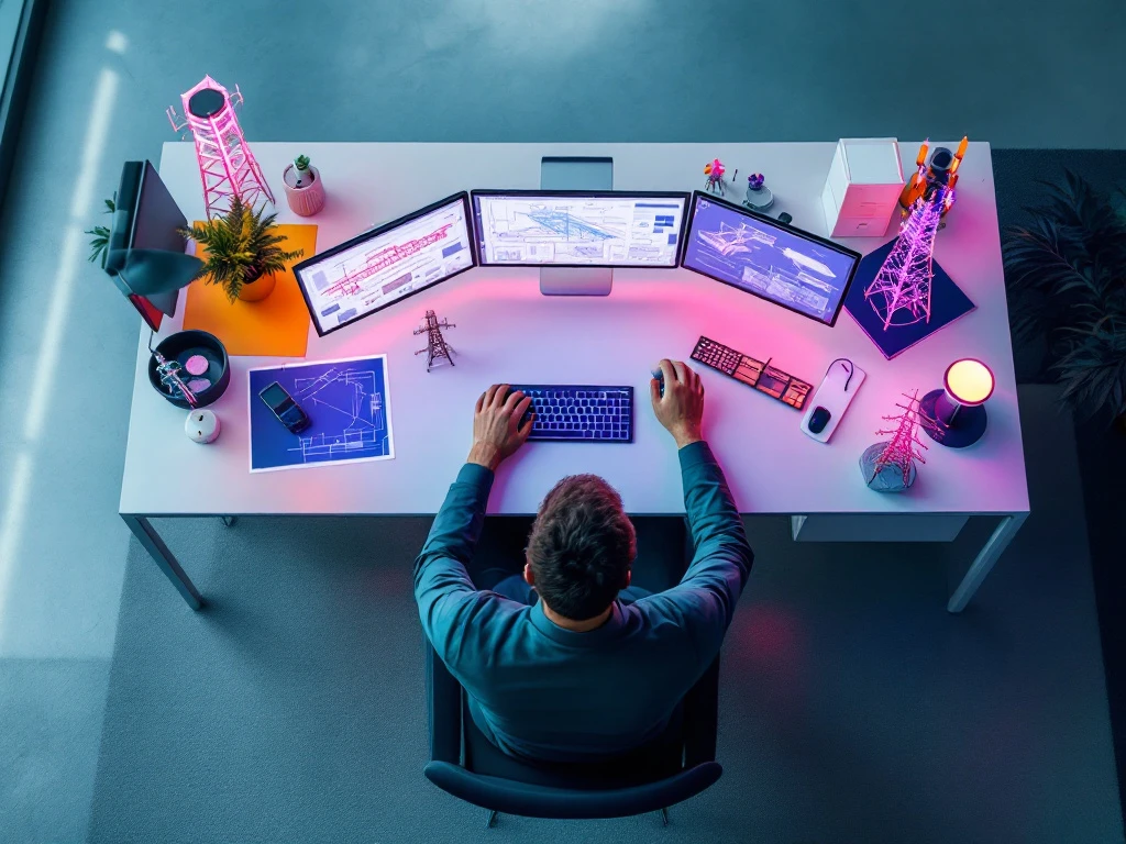 Lead engineer aan het werk in een minimalistische ruimte met INNSO-kleuren, technische blauwdrukken en telecommunicatie-infrastructuurmodellen op meerdere schermen