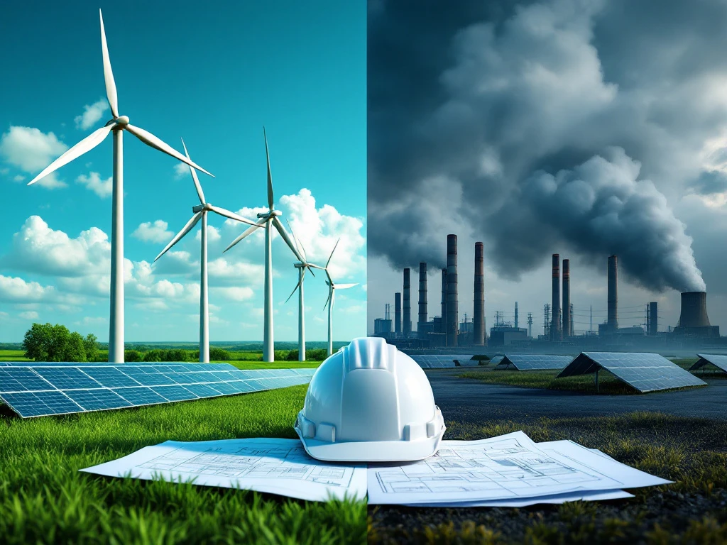 Ingenieur helm en blauwdrukken tussen schone windturbines en vervuilende fabrieken, duurzame versus traditionele energie