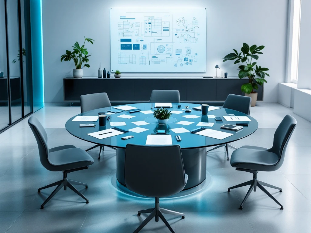 Moderne minimalistische vergaderruimte met ronde glazen tafel en stoelen in merkkleuren teal, navy en roze, gericht op samenwerkend leiderschap.