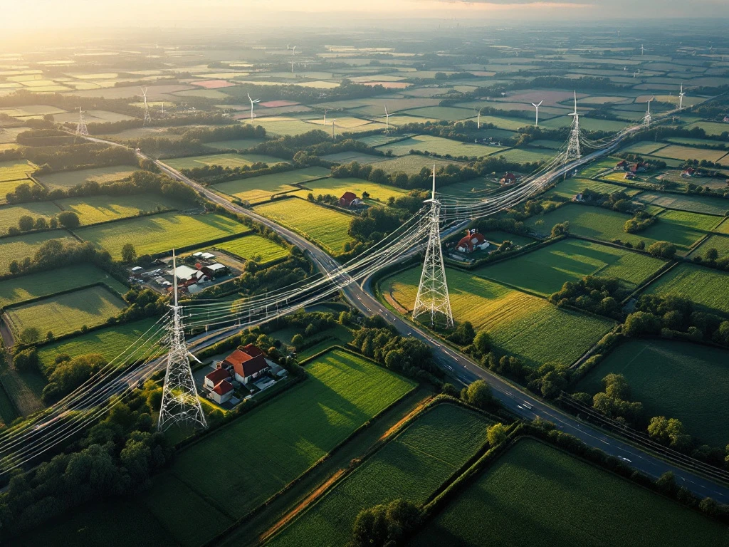 Luchtfoto Nederlandse landschap met telecommunicatietorens, windmolens en boerderijen in groene akkers bij gouden uur