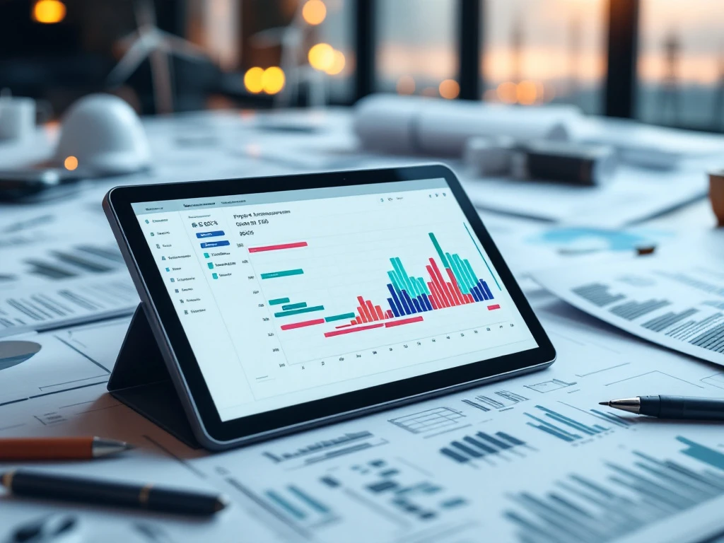 Tablet met projectmanagement-software op ingenieursbureau met blauwdrukken en windturbines op achtergrond
