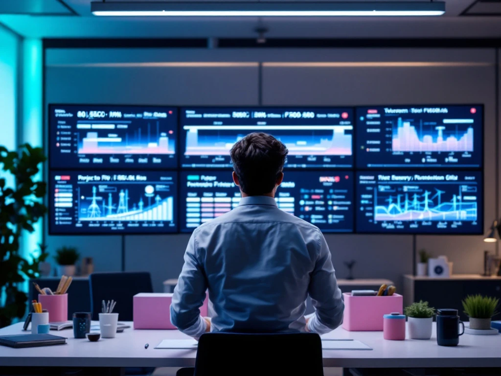 Teamleider organiseert projectplanning op digitale schermen in moderne werkruimte met INNSO-kleuren, telecom- en energiediagrammen zichtbaar.