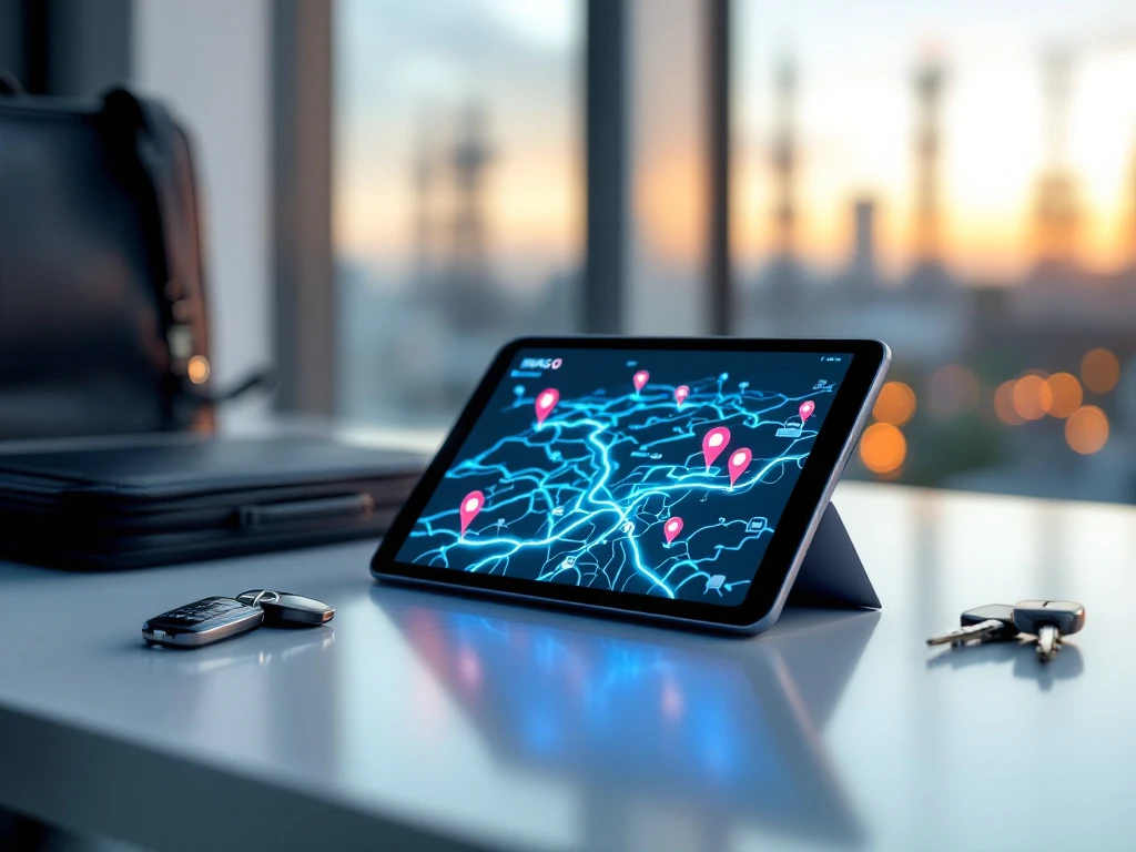 Tablet met routekaart op bureau naast autosleutels en aktetas, telecommunicatietorens op achtergrond