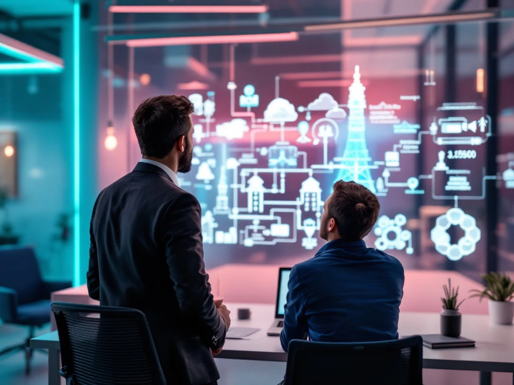 Een lead engineer begeleidt een team bij het analyseren van telecom- en energienetwerken op een transparant scherm in een moderne werkruimte met INNSO