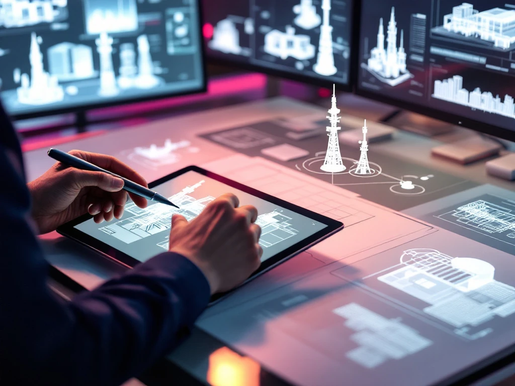 Professionele engineeringwerkplek met blauwdrukken, 3D-modellen en digitale telecomtorens op een tablet, verlicht in gradiënt van marineblauw naar teal met roze accenten.