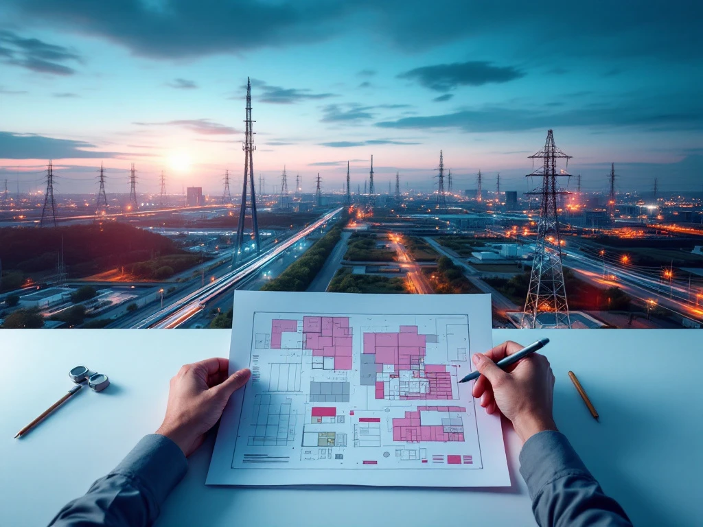Luchtfoto van moderne telecommunicatietorens en energieinfrastructuur met handen die blauwdrukken vasthouden op wit oppervlak
