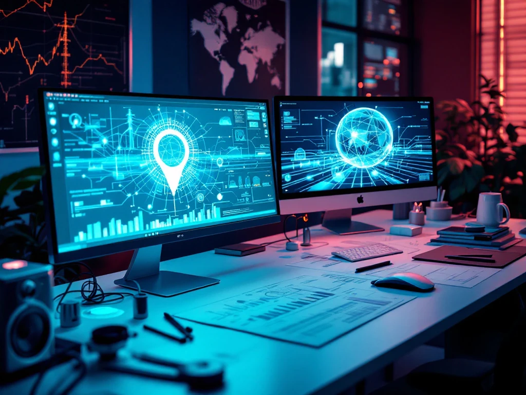 Moderne ingenieurswerkplek met computermonitoren die netwerkdiagrammen en energiegrid visualisaties tonen op wit bureau