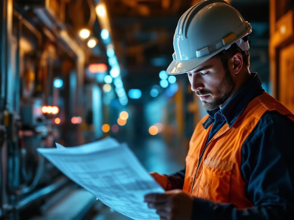 Lead engineer met veiligheidshelm inspecteert technische blauwdrukken bij telecominfrastructuur, omgeven door glasvezelkabels en energienetwerkcomponenten.