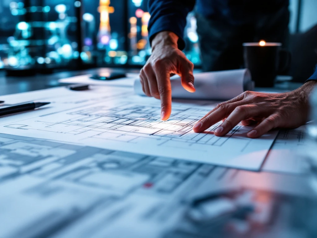 Ingenieur analyseert blauwdrukken voor telecommunicatie-infrastructuur, wijst ontwerpfout aan op bureau met INNSO-merkkleurenaccenten en netwerkcomponenten op achtergrond.