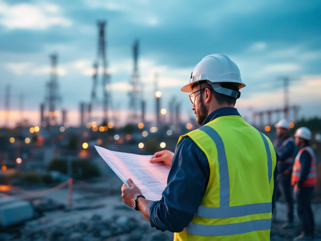 Lead engineer in veiligheidsuitrusting bestudeert blauwdrukken op moderne infrastructuurlocatie met telecommunicatietorens en INNSO-merkkleuraccenten.