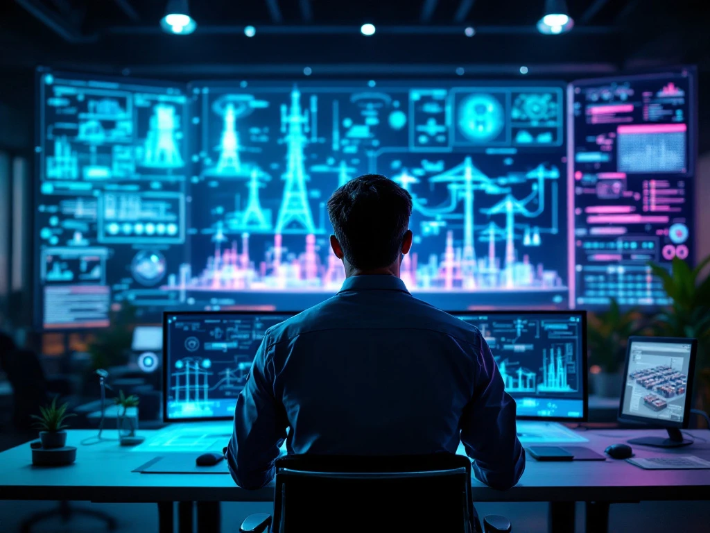 Lead engineer in modern controlekamer bekijkt netwerk-infrastructuurdiagrammen op meerdere schermen, omgeven door holografische projecties en technische blauwdrukken.