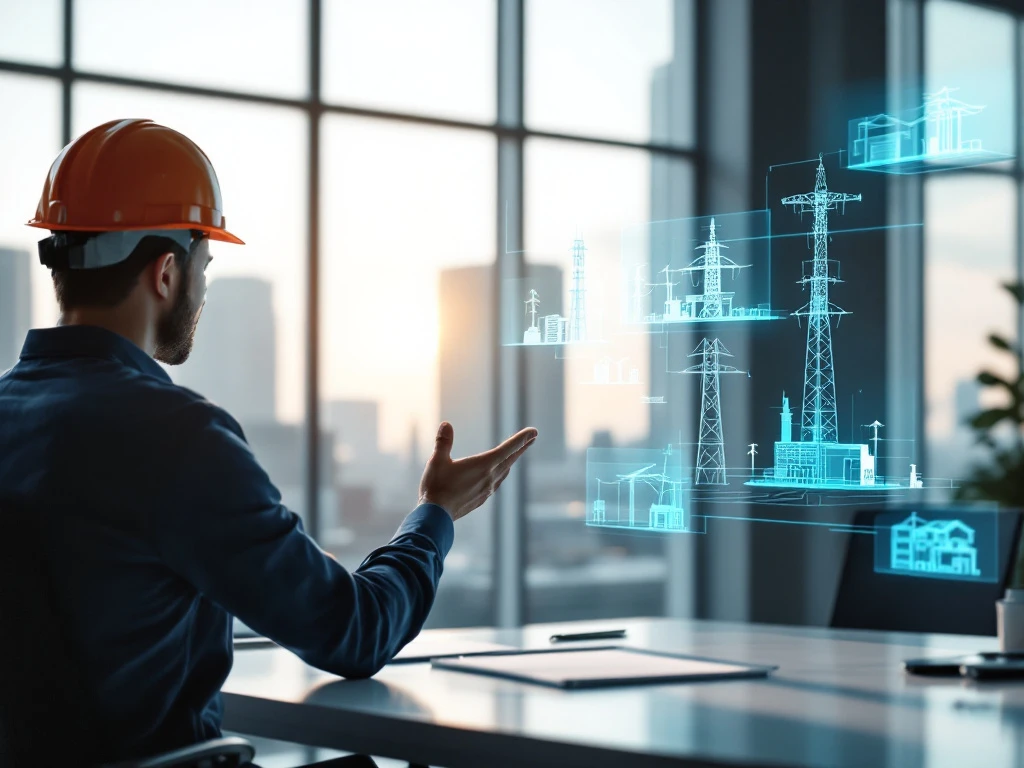 Ingenieur bij modern werkstation bekijkt holografische telecom- en energieprojecten in bedrijfskleuren, met natuurlijk licht door grote ramen.