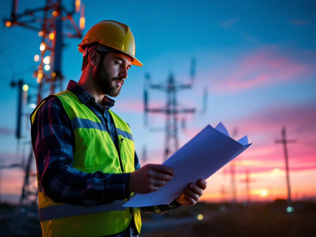 Ingenieur in veiligheidsuitrusting bestudeert blauwdrukken bij telecommunicatie-infrastructuur met energiepylonen en glasvezelinstallaties in INNSO