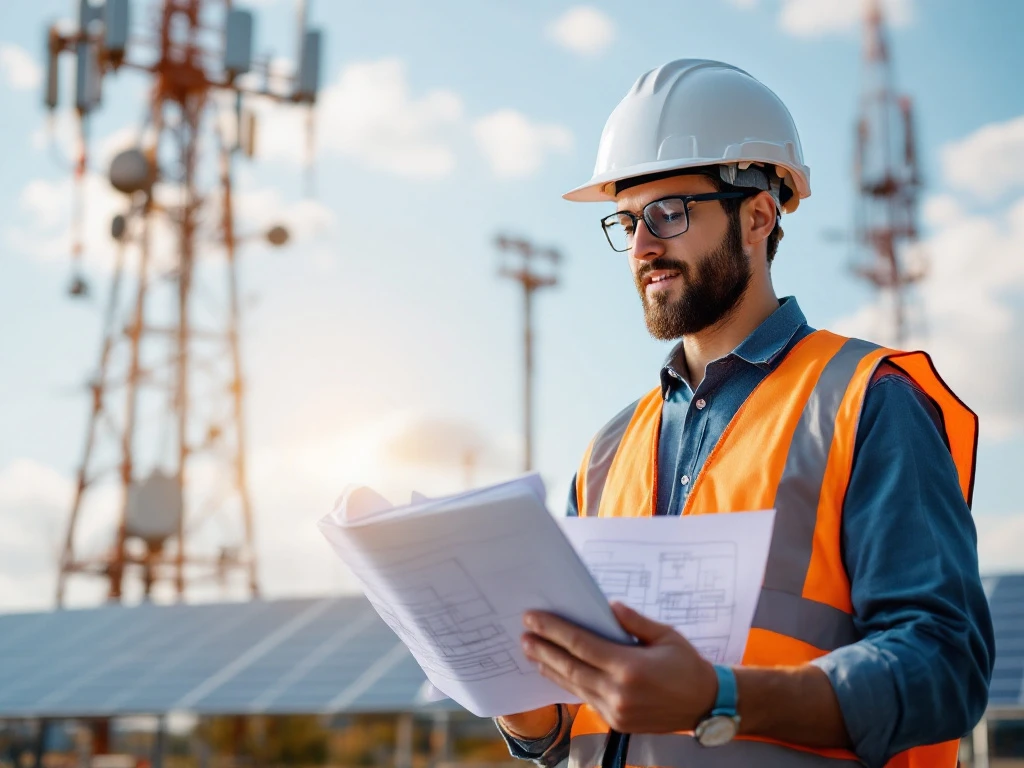 Lead engineer bij telecommunicatietoren bekijkt digitale blauwdrukken op tablet, omringd door slimme energieinfrastructuur met zonnepanelen in teal, marineblauw en roze tinten.
