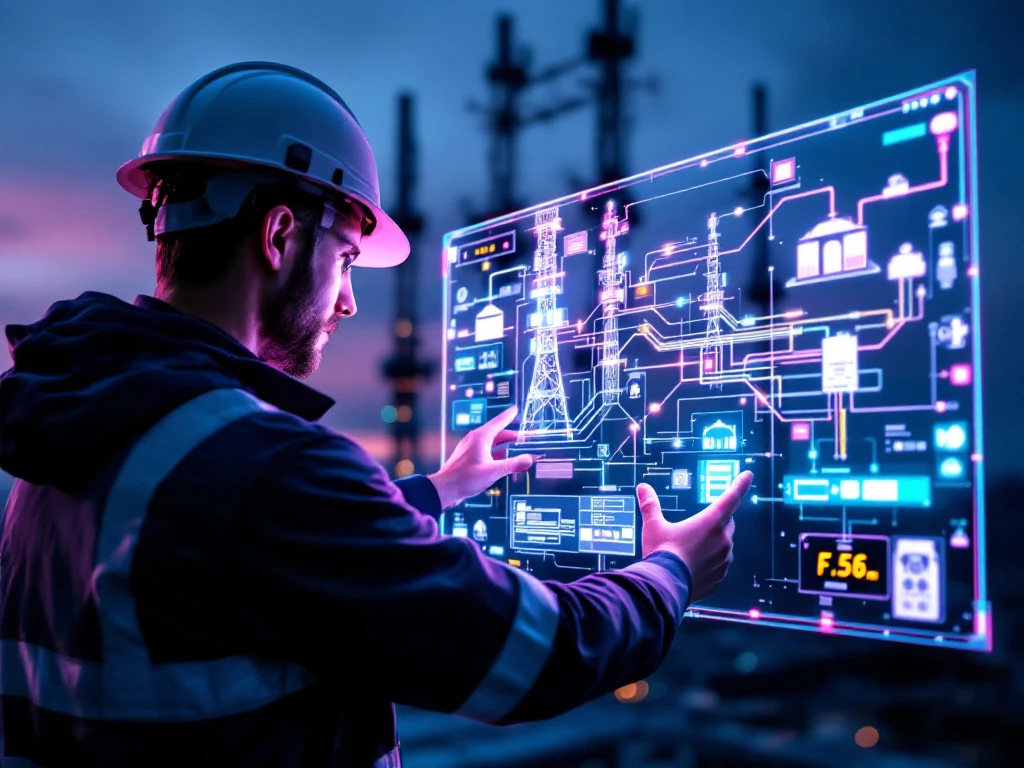 Telecommunicatie-ingenieur met veiligheidshelm bestudeert netwerkinfrastructuurdiagram op transparant scherm, met moderne telecomtoren op de achtergrond.