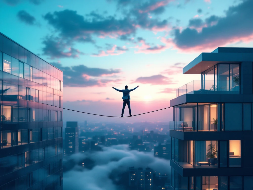 Telecom-ingenieur balanceert op koord tussen kantoorgebouw en thuisomgeving, verlicht door INNSO-merkkleuren, symbool voor werk-privébalans.
