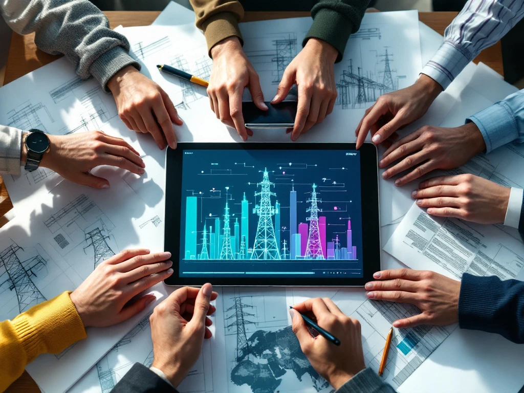 Diverse professionele handen werken samen over telecommunicatie blauwdrukken en digitale tablets met torenschema